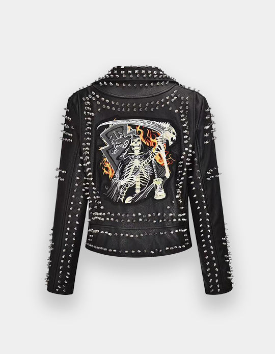 Women's Punk Gothic Heavy Studs Brando Patches Jacket, Handmade Motorbike Steampunk Cowhide Leather Jacket, Silver Spiked Studded Jacket,